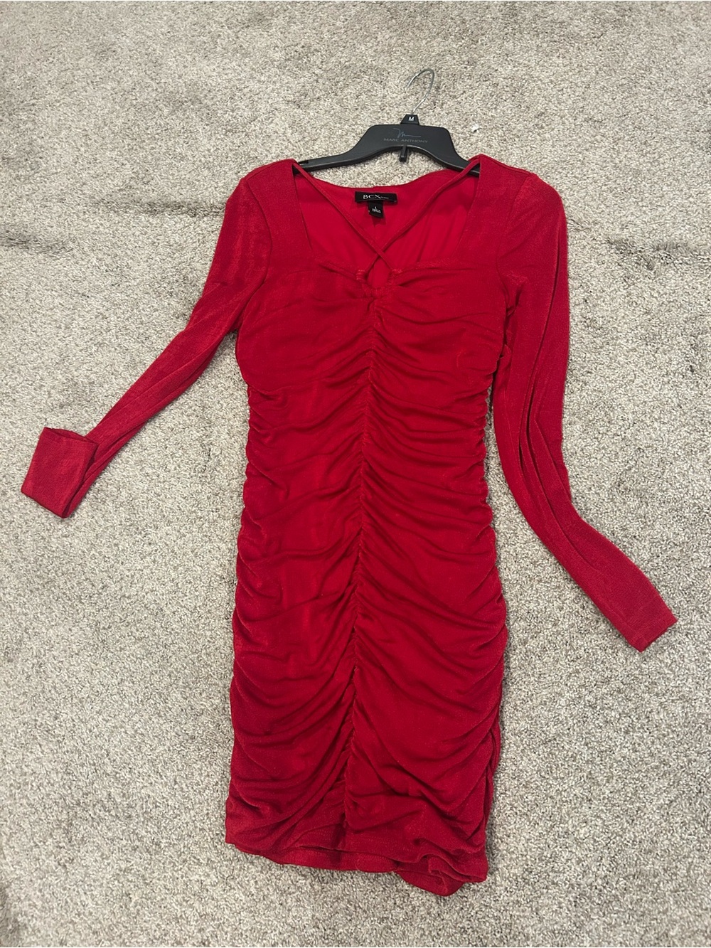 BCX Red Long Sleeve Ruched Bodycon Dress